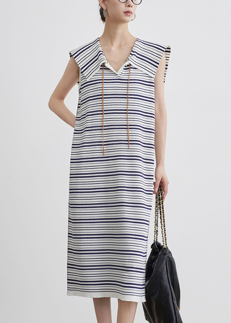 Art Blue Striped Cozy Knit Long Dress Sleeveless