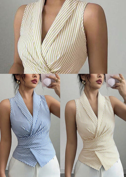 Art Blue Striped V Neck Lace Up Cotton Shirts Sleeveless