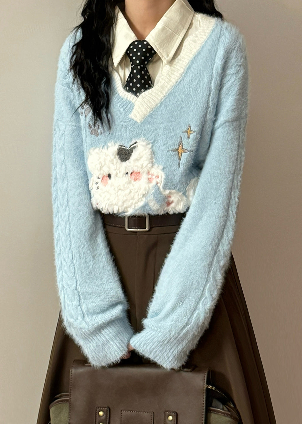 Art Blue V Neck Kitten Patchwork Cable Sweater Spring