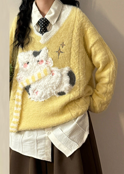 Art Blue V Neck Kitten Patchwork Cable Sweater Spring