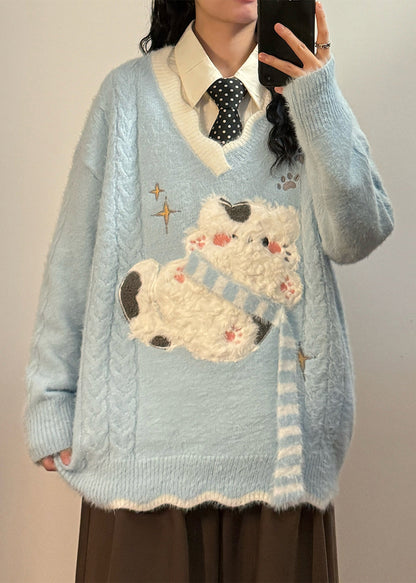 Art Blue V Neck Kitten Patchwork Cable Sweater Spring