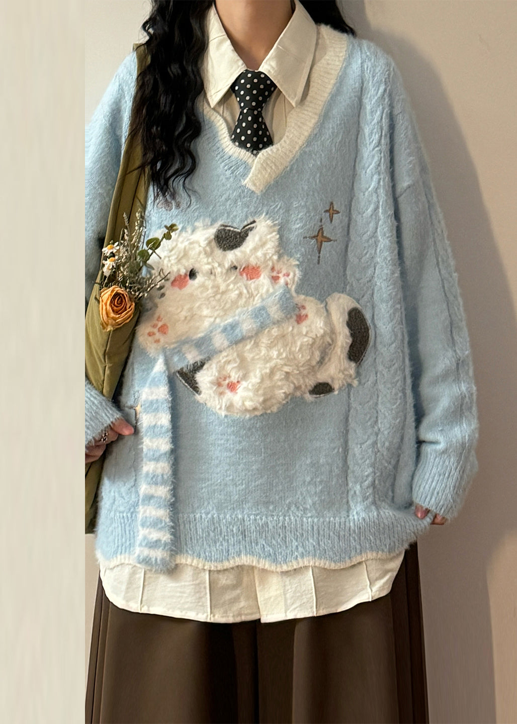 Art Blue V Neck Kitten Patchwork Cable Sweater Spring