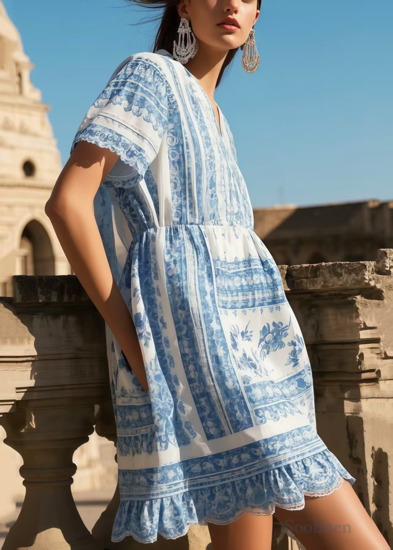 Art Blue V Neck Print Cotton Vacation Dress Summer