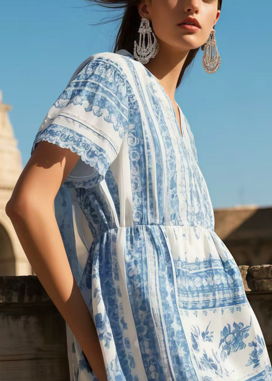 Art Blue V Neck Print Cotton Vacation Dress Summer