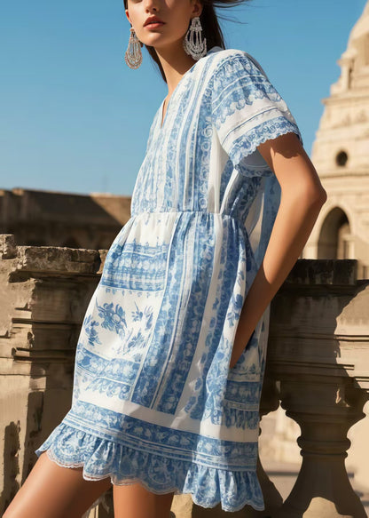 Art Blue V Neck Print Cotton Vacation Dress Summer