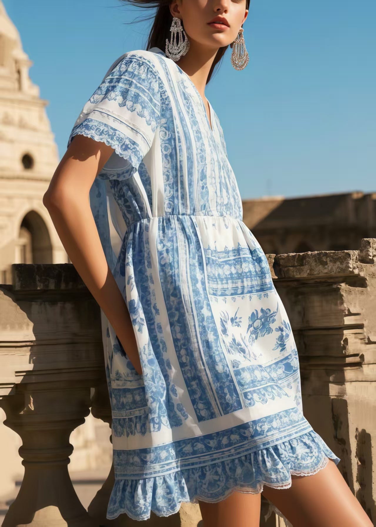 Art Blue V Neck Print Cotton Vacation Dress Summer