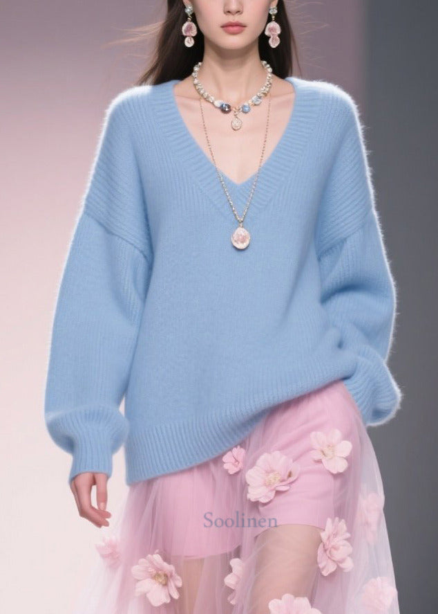 Art Blue V Neck Thick Cozy Sweater Tops Winter