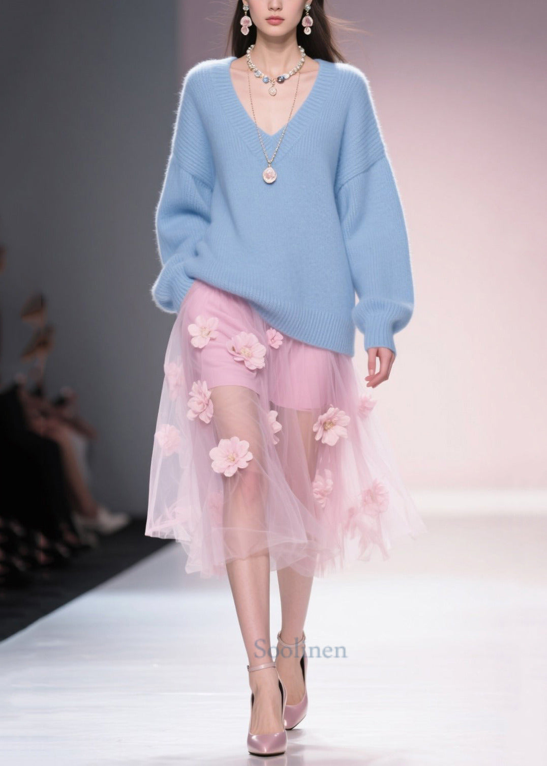 Art Blue V Neck Thick Cozy Sweater Tops Winter