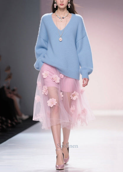 Art Blue V Neck Thick Cozy Sweater Tops Winter