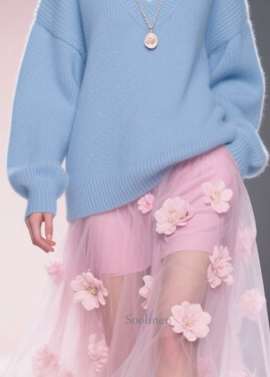 Art Blue V Neck Thick Cozy Sweater Tops Winter