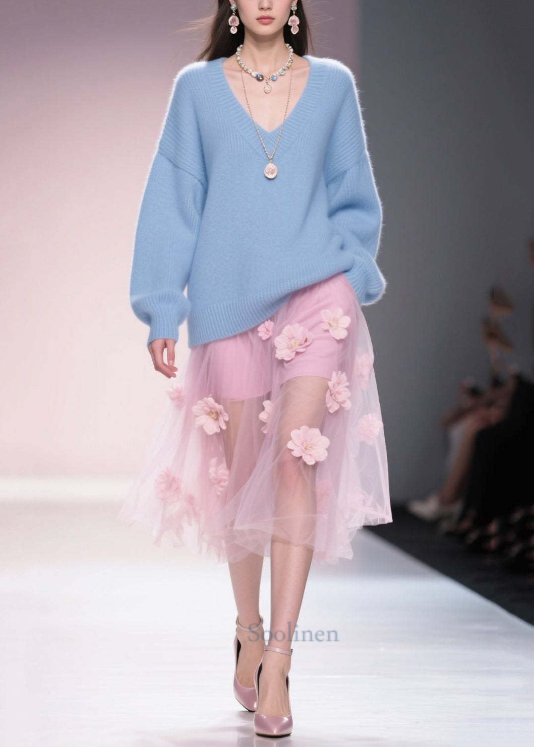 Art Blue V Neck Thick Cozy Sweater Tops Winter