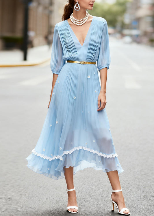 Art Blue V Neck Wrinkled Floral Chiffon Ankle Dress Summer