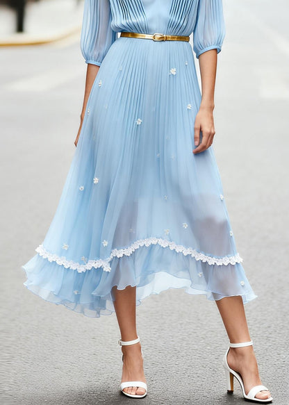 Art Blue V Neck Wrinkled Floral Chiffon Ankle Dress Summer