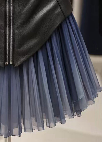 Art Blue Wrinkled High Waist Tulle Patchwork Skirts