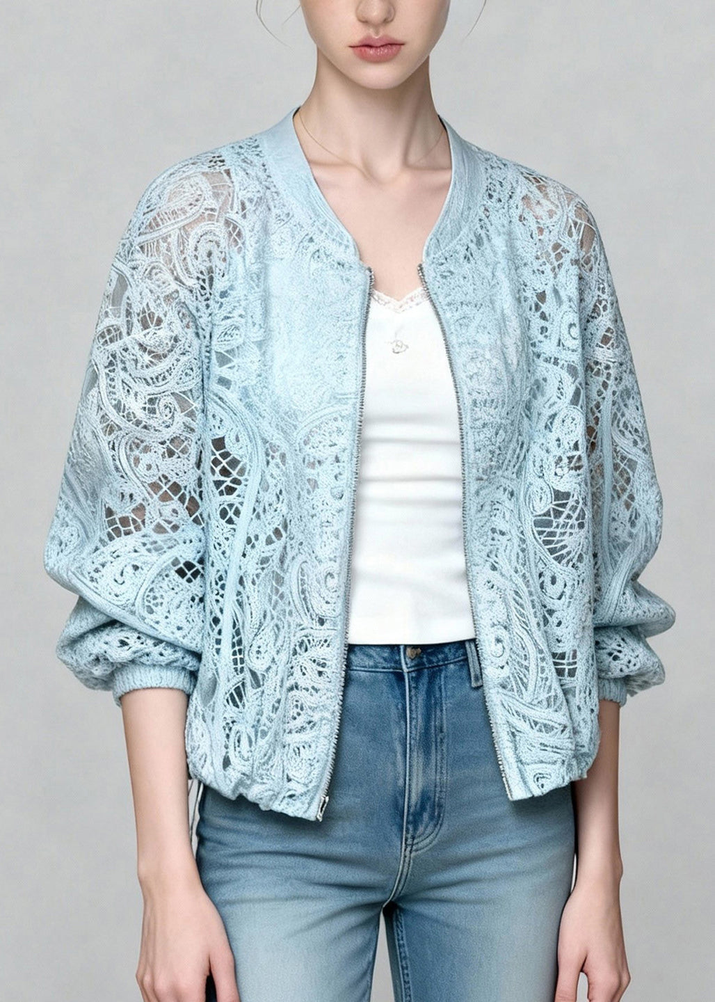 Art Blue Zippered Hollow Out Lace UPF 50+ Coat Jacket Summer