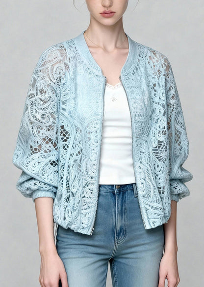 Art Blue Zippered Hollow Out Lace UPF 50+ Coat Jacket Summer