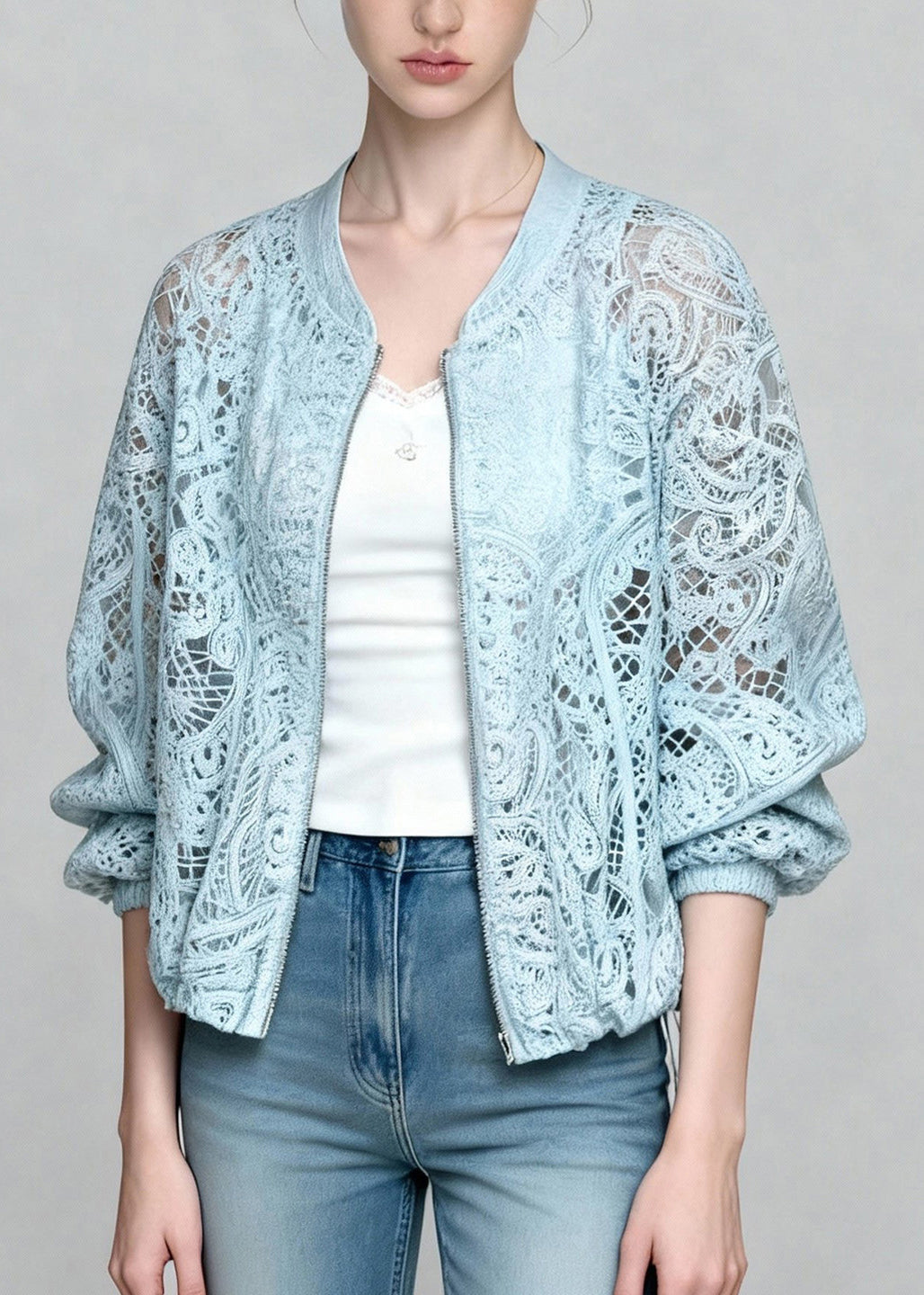 Art Blue Zippered Hollow Out Lace UPF 50+ Coat Jacket Summer