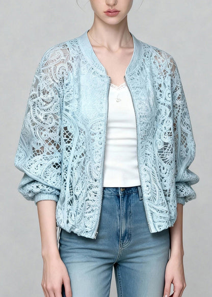 Art Blue Zippered Hollow Out Lace UPF 50+ Coat Jacket Summer