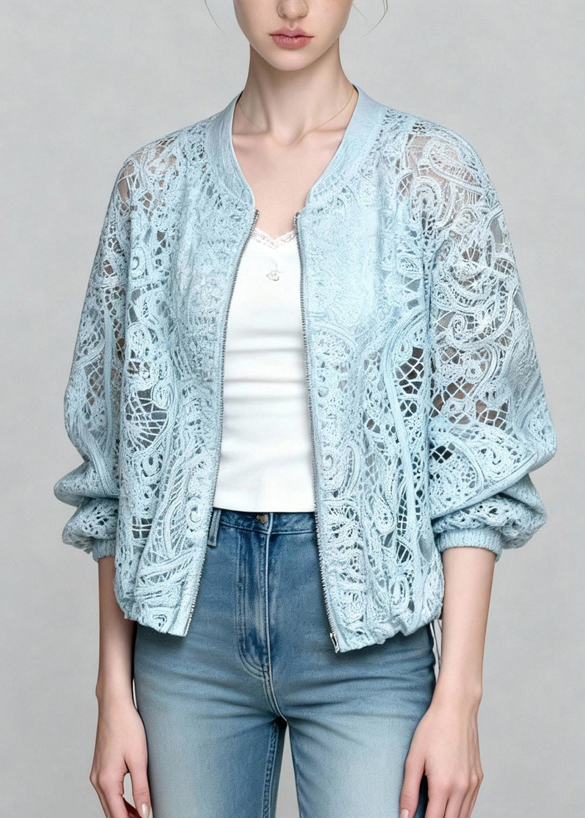 Art Blue Zippered Hollow Out Lace UPF 50+ Coat Jacket Summer