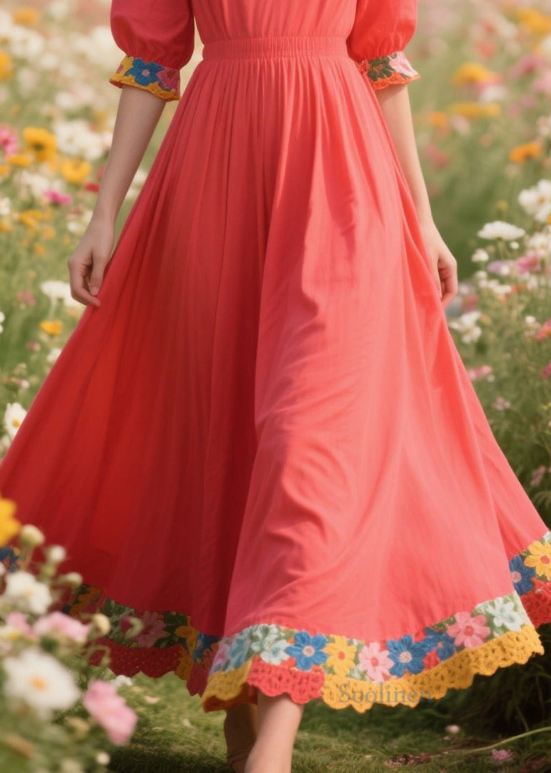 Art Brick Red Patchwork Exra Large Hem Cotton Holiday Dress Summer