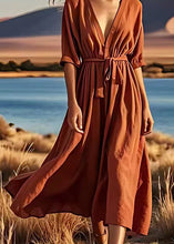 Load image into Gallery viewer, Art Brick Red V Neck Tie Waist Patchwork Linen Dress Summer
