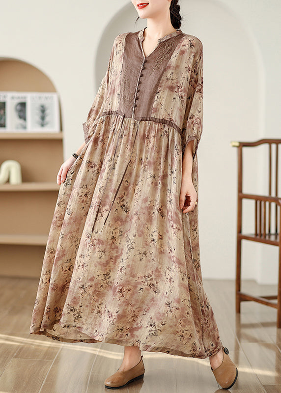 Art Brown Cinched Print Linen Maxi Dresses Bracelet Sleeve