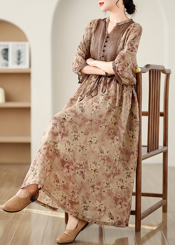 Art Brown Cinched Print Linen Maxi Dresses Bracelet Sleeve