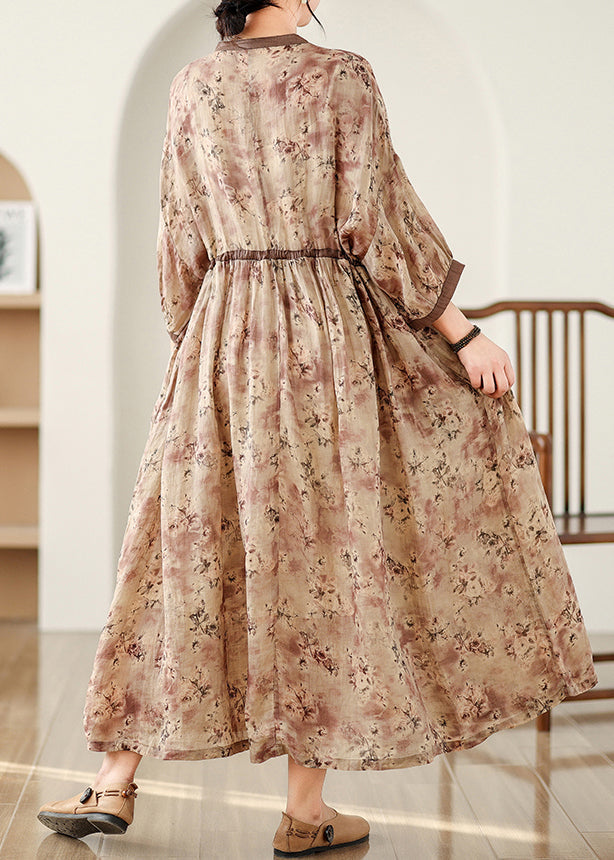 Art Brown Cinched Print Linen Maxi Dresses Bracelet Sleeve