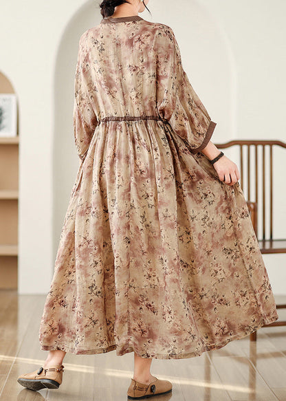 Art Brown Cinched Print Linen Maxi Dresses Bracelet Sleeve