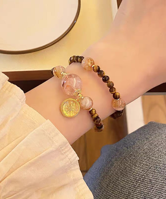 Art Brown Copper Overgild Crystal Tiger's Eye Beading Charm Bracelet