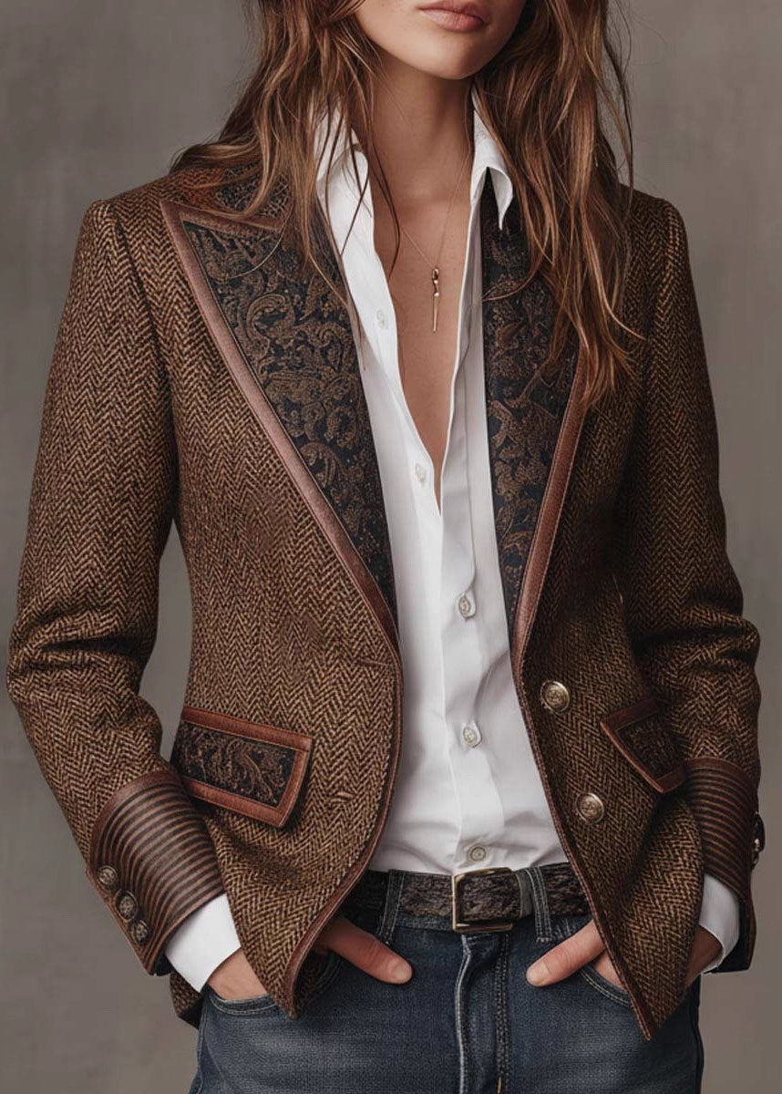 Art Brown Notched Patchwork Woolen Blazer Fall