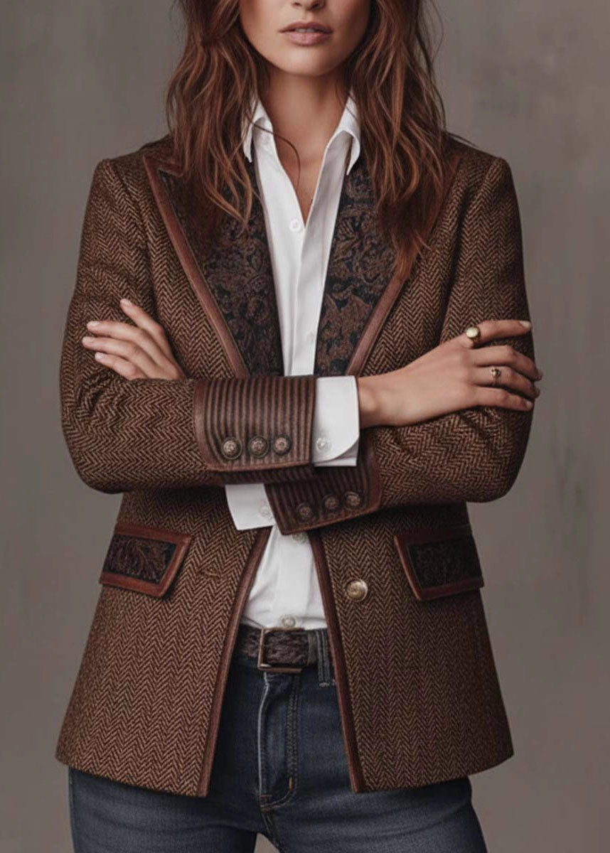 Art Brown Notched Patchwork Woolen Blazer Fall
