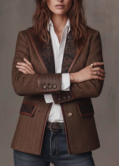 Art Brown Notched Patchwork Woolen Blazer Fall