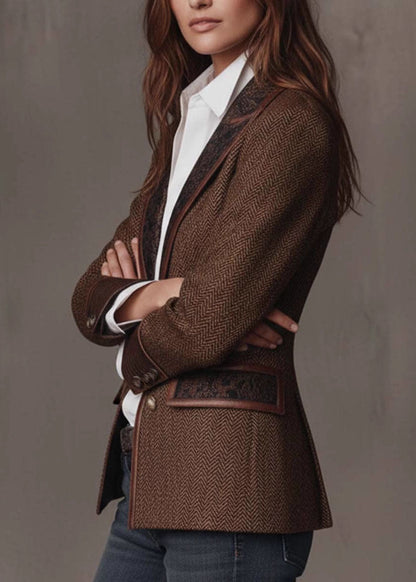 Art Brown Notched Patchwork Woolen Blazer Fall
