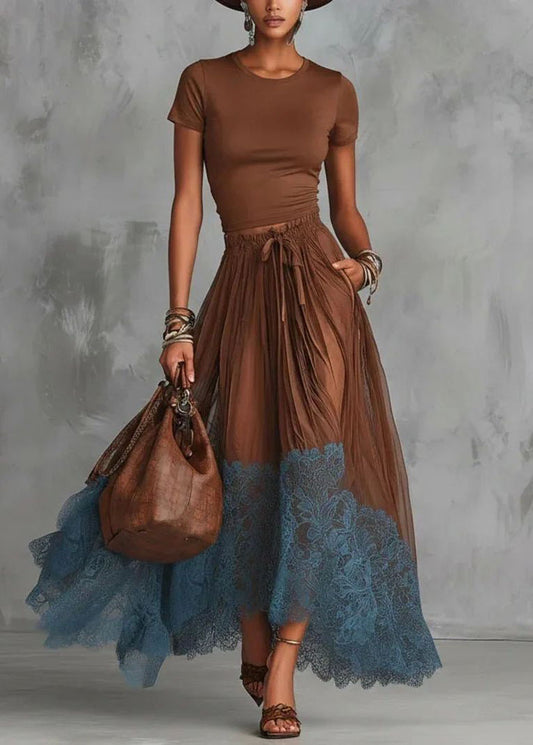 Art Brown O-Neck Top And Patchwork Lace Skirts Two Pieces Set Short Sleeve