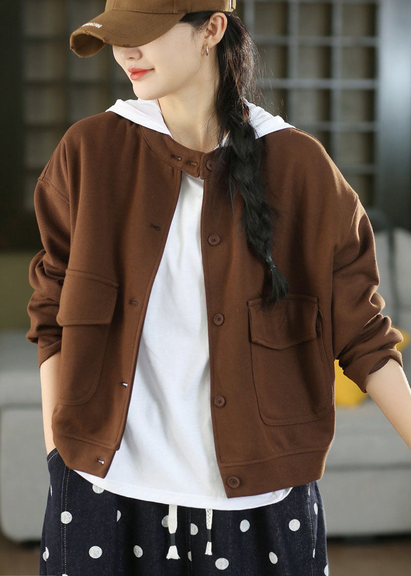 Art Brown Oversized Pockets Cotton Coats Fall
