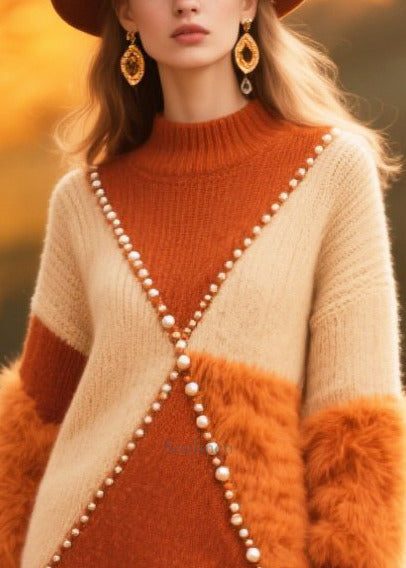 Art Brown Patchwork Faux Fur Nail Bead Sweater Dress Winter