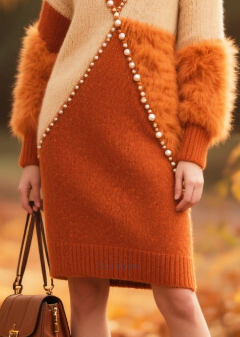 Art Brown Patchwork Faux Fur Nail Bead Sweater Dress Winter