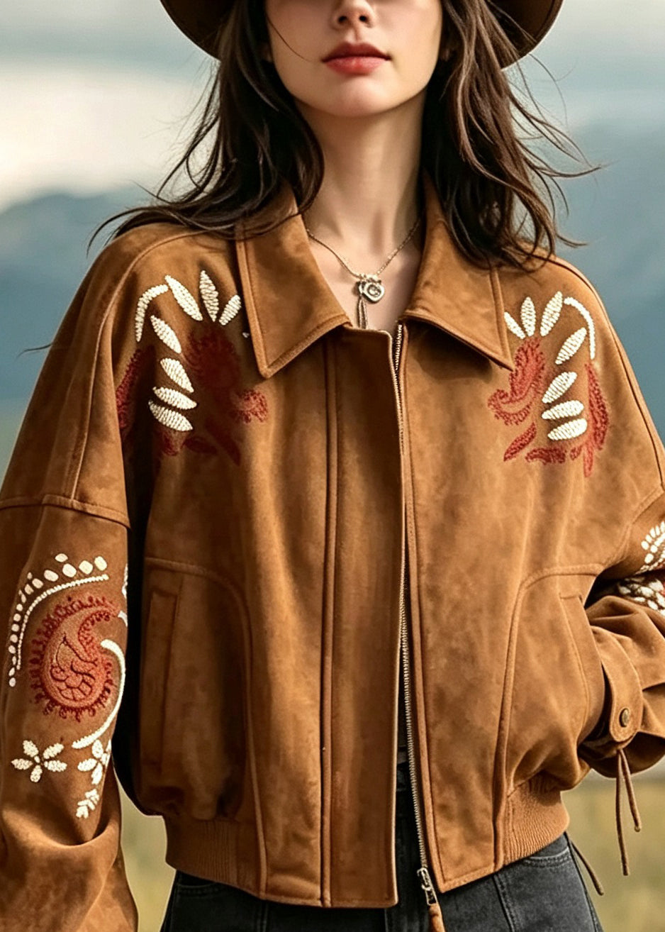 Art Brown Peter Pan Collar Embroidered Patchwork Faux Suede Jacket Fall
