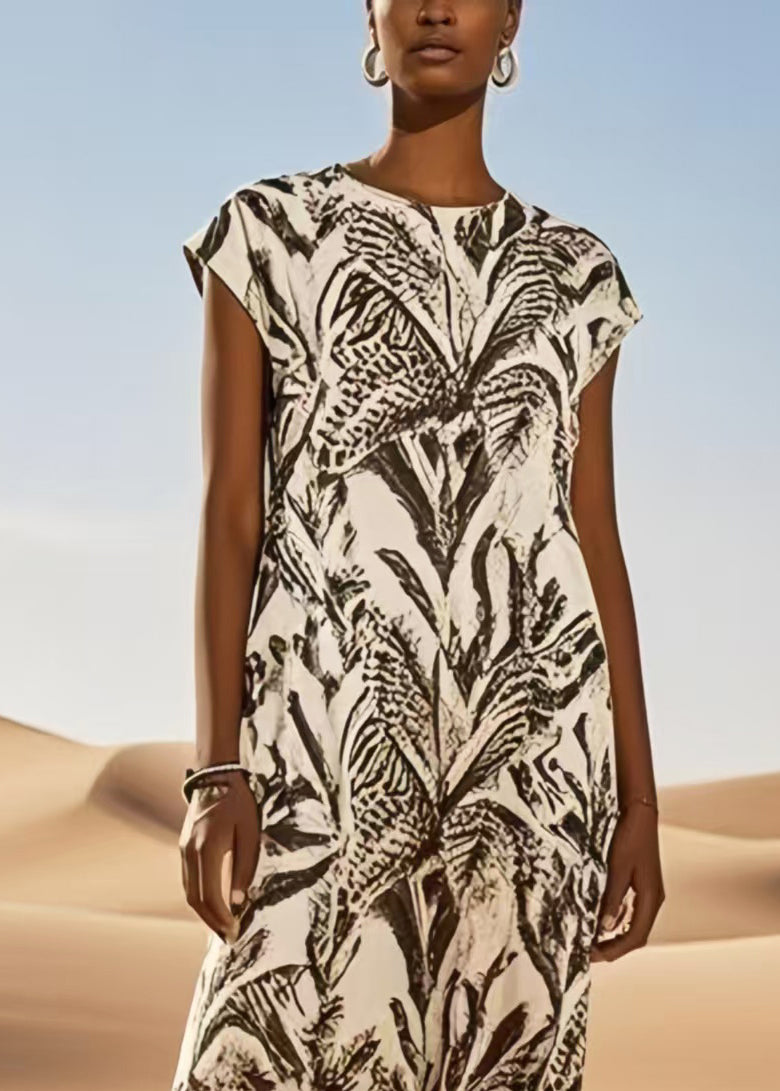 Art Brown Print Cotton Long Dress Summer