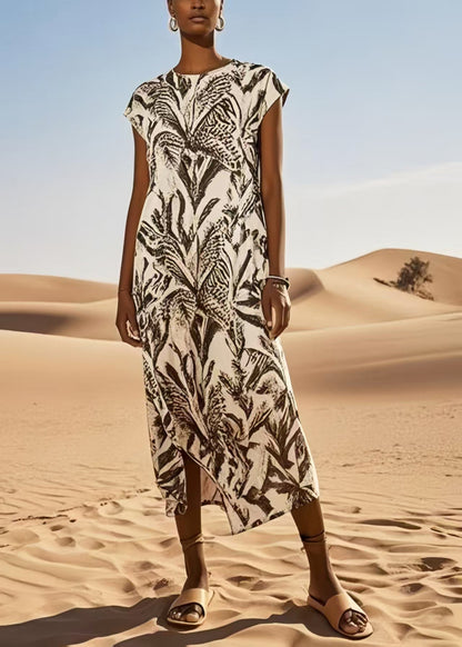 Art Brown Print Cotton Long Dress Summer