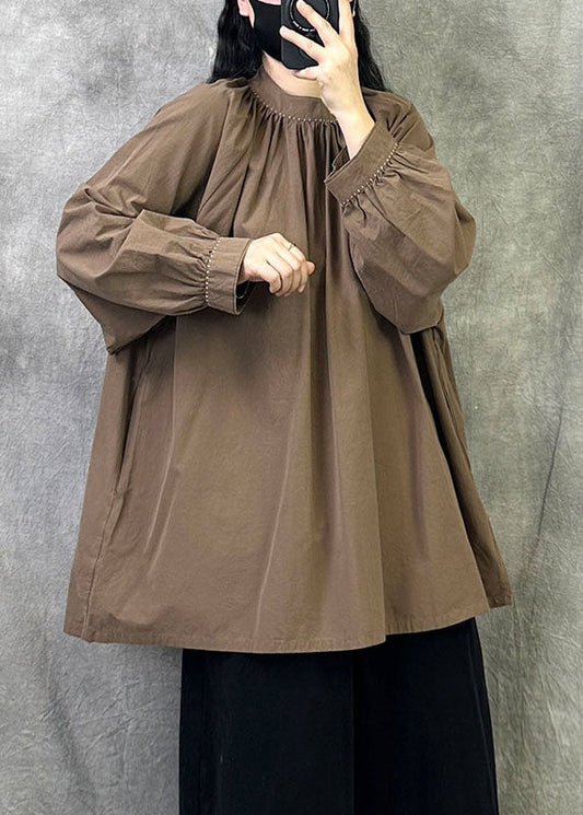 Art Brown Stand Collar Oversized Cotton Pullover Shirts Fall