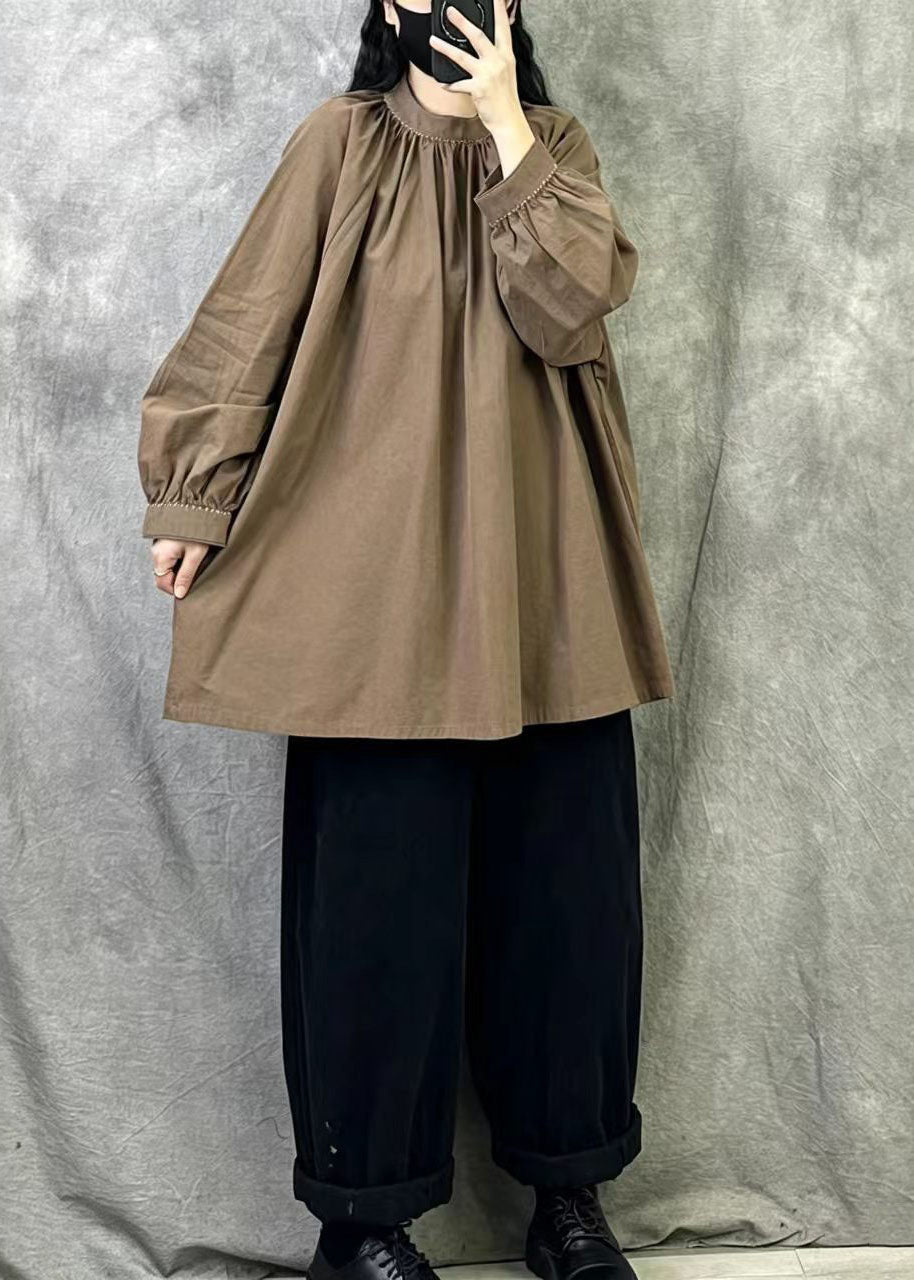 Art Brown Stand Collar Oversized Cotton Pullover Shirts Fall