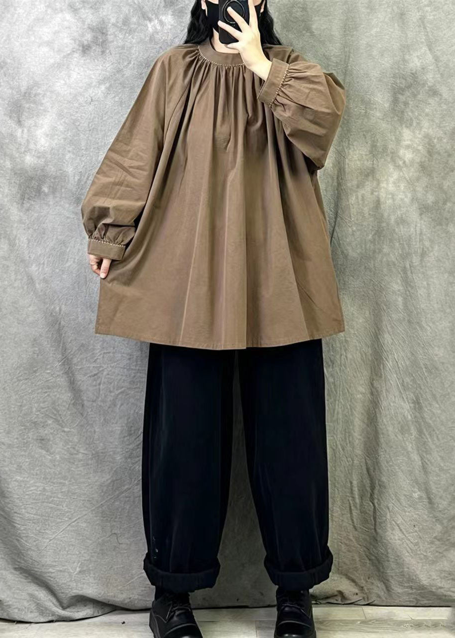 Art Brown Stand Collar Oversized Cotton Pullover Shirts Fall