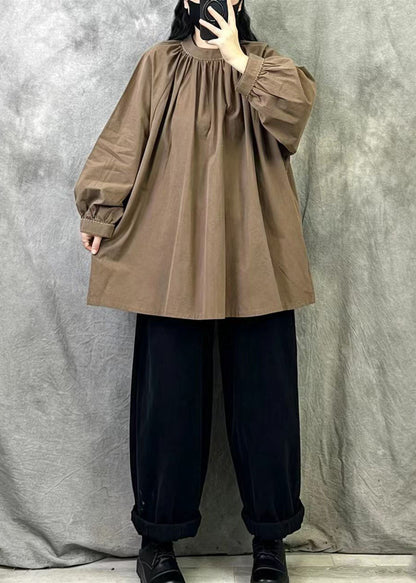 Art Brown Stand Collar Oversized Cotton Pullover Shirts Fall