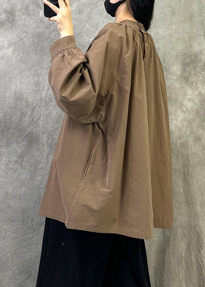 Art Brown Stand Collar Oversized Cotton Pullover Shirts Fall