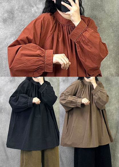 Art Brown Stand Collar Oversized Cotton Pullover Shirts Fall