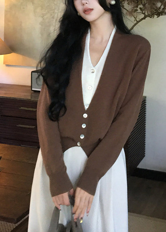 Art Brown V Neck Patchwork Wool Knit Fake Two Piece Cardigans Spring