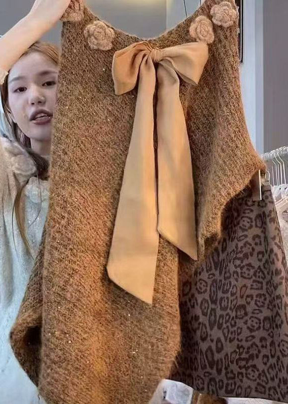 Art Coffee Bow Floral Knit Sweater Batwing Sleeve