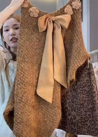 Art Coffee Bow Floral Knit Sweater Batwing Sleeve